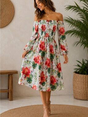 NWT Floral Off Shoulder Midi Dress Size L Tropical Hibiscus Smocked Boho